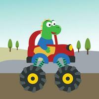Vector illustration of dinosaurs riding monster truck with cartoon style. Can be used for t-shirt print, kids wear, invitation card. fabric, textile, nursery wallpaper, poster and other decoration.
