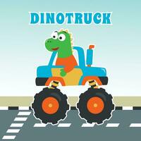 Vector illustration of dinosaurs riding monster truck with cartoon style. Can be used for t-shirt print, kids wear, invitation card. fabric, textile, nursery wallpaper, poster and other decoration.