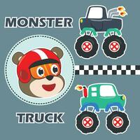 Cartoon vector of monster truck and little animal driver. Can be used for t-shirt print, kids wear fashion design, invitation card. fabric, textile, nursery wallpaper, poster and other decoration.