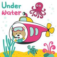 Diving with funny bear driving submarine. Creative vector childish background for fabric, textile, nursery wallpaper, poster, card, brochure. vector illustration background.