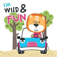 Vector illustration of funy bear driving the red car. Funny background cartoon style for kids. Little adventure with animals on the road for nursery design, cartoon tshirt art design.