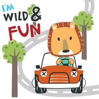 Vector illustration of funy bear driving the red car. Funny background cartoon style for kids. Little adventure with animals on the road for nursery design, cartoon tshirt art design.