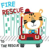 Vector illustration of funny animal firefighter on fire truck. Creative vector childish background for fabric, textile, nursery wallpaper, card, poster and other decoration