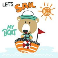 Cute bear sailor on the boat. Can be used for t-shirt print, kids wear fashion design, baby shower invitation card. fabric, textile, nursery wallpaper, poster. vector