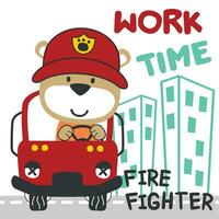 Vector illustration of funny animal firefighter on fire truck. Creative vector childish background for fabric, textile, nursery wallpaper, card, poster and other decoration