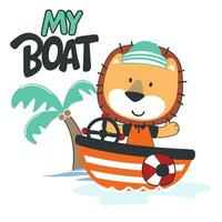 Cute bear sailor on the boat. Can be used for t-shirt print, kids wear fashion design, baby shower invitation card. fabric, textile, nursery wallpaper, poster. vector