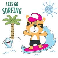 Surfing time with cute little bear at summer. Can be used for t-shirt printing, children wear fashion designs, baby shower invitation cards and other decoration. vector