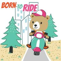 Vector illustration of cute bear Riding Scooter. Can be used for t-shirt printing, children wear fashion designs, baby shower invitation cards and other decoration.