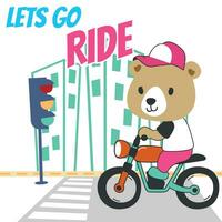 vector illustration of cute little bear ride motorcycle. Creative vector childish background for fabric, textile, nursery wallpaper, poster, card, brochure. and other decoration.