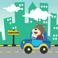 Vector cartoon of funny tiger driving car in the road with village landscape. Can be used for t-shirt printing, children wear fashion designs, baby shower invitation cards and other decoration.