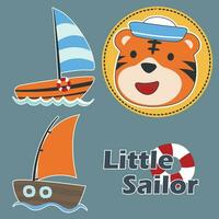 Cute bear the animal sailor and the boat with cartoon style. Can be used for t-shirt print, kids wear fashion design, baby shower invitation card. fabric, textile, nursery wallpaper, poster. vector