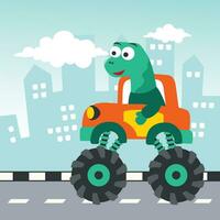 Vector illustration of dinosaurs riding monster truck with cartoon style. Can be used for t-shirt print, kids wear, invitation card. fabric, textile, nursery wallpaper, poster and other decoration.