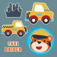 Animal taxi driver, vector cartoon illustration. Creative vector childish background for fabric, textile, nursery wallpaper, poster, card, brochure. and other decoration.