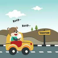 Vector cartoon of funny tiger driving car in the road with village landscape. Can be used for t-shirt printing, children wear fashion designs, baby shower invitation cards and other decoration.