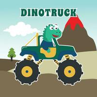 Vector illustration of dinosaurs riding monster truck with cartoon style. Can be used for t-shirt print, kids wear, invitation card. fabric, textile, nursery wallpaper, poster and other decoration.