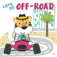 Vector illustration of cute little bear on a off road car go to forest, Can be used for t-shirt print, kids wear, invitation card. fabric, textile, nursery wallpaper, poster and other decoration.