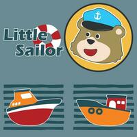 Cute bear the animal sailor and the boat with cartoon style. Can be used for t-shirt print, kids wear fashion design, baby shower invitation card. fabric, textile, nursery wallpaper, poster. vector