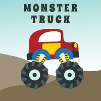 Vector illustration of dinosaurs riding monster truck with cartoon style. Can be used for t-shirt print, kids wear, invitation card. fabric, textile, nursery wallpaper, poster and other decoration.