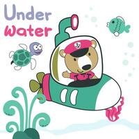 Diving with funny bear driving submarine. Creative vector childish background for fabric, textile, nursery wallpaper, poster, card, brochure. vector illustration background.