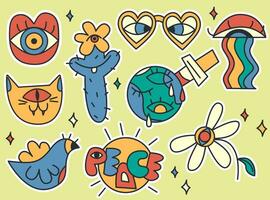 Peaceful stickers set in retro style. vintage bright, groovy print 70s,2000.Y2k.Vector flat illustration. vector