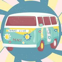 Hippie vintage car mini van. Decorative background. handwritten fonts, hand drawn background and textures. Hippie color vector illustration. Retro 1960s, 60s, 70s