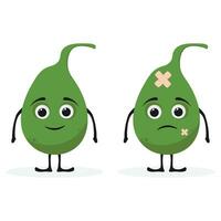 Cute green cartoon unhealthy sick gallbladder character. Vector hand drawn kawaii muscot character disease organ icon. Isolated white background.