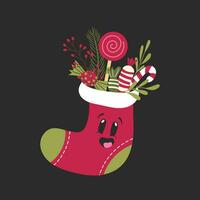 Happy and surprised Christmas stocking filled with candies. Hand drawn mascot vector illustration.