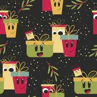 Hand drawn seamless pattern with happy smiling gift boxes. Vector Christmas mascot design.