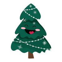 Happy smiling Christmas tree with snowflakes. Hand drawn vector mascot illustration.