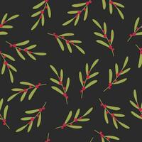 Elegant seamless pattern with branch of green leaves and red berries on dark background. vector