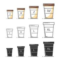 Small medium large coffee menu. Brown,white,black colors isolated.Different sizes of take away paper cups.Vector illustration vector