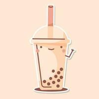 MILK TEA cup cute sticker beige background vector