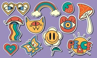 Peaceful stickers set in retro style. vintage bright, groovy print 70s,2000.Y2k.Vector flat illustration. vector