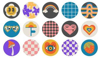 Groovy hippie 70s set. Funny cartoon flower, rainbow, peace, Love, heart, daisy, strawberry etc. Sticker pack in trendy retro psychedelic cartoon style. vector