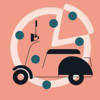 Pizza entrega paseo motocicleta impresión o icono símbolo, plano diseño para aplicaciones y sitios web, rosado fondo, vector ilustración