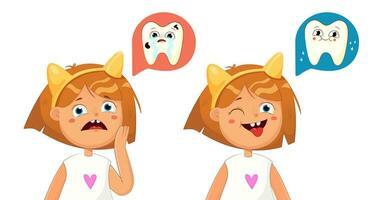 Concept of dental caries treatment.Crying girl with pain before treatment and happy after treatment.Vector illustration. vector