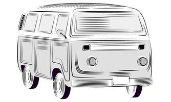 Summer vacation with camping car retro style black lines and white background. groovy illustration print.Vector illustration vector