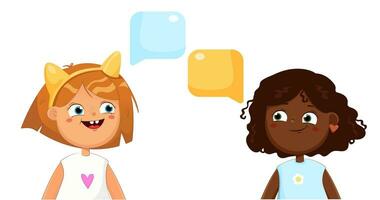 two girls of different skin color are talking.Two happy children are discussing smiling. Vector illustration