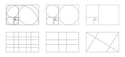 Golden ratio template set. Method golden section. Fibonacci array, numbers. Harmony proportion collection. Vector outline illustration.