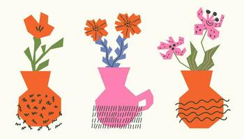 Abstract flowers with vase on isolated background. Abstract paper cut elements. Hand drawn vector set.