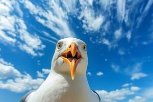 A seagull close up in the blue sky at the beach. photo