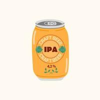 Colored hand drawn illustration of beer in aluminum can. IPA, refreshing low-alcohol cold drink. Design elements for menu restaurant, bar, pub. vector