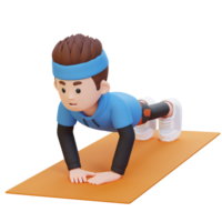 3d deportivo masculino personaje ejecutando cerca apretón empujar arriba ejercicio a hogar gimnasio png