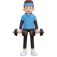 3d deportista personaje ejecutando bíceps rizo con pesa png