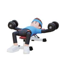 3d deportista personaje esculpir muscular cofre con pesa banco cofre mosca png