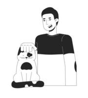 Caucasian guy gently petting cat black and white 2D line cartoon character. European pet owner isolated vector outline person. Kitten being petted. Vet male monochromatic flat spot illustration