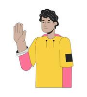 Latino young man saying hello 2D linear cartoon character. Hispanic teen waving happy isolated line vector person white background. Greet gesture. Nonverbal communication color flat spot illustration