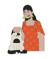 Smiling hindu woman stroking cat 2D linear cartoon character. Indian lady wearing bindi, scratching kitten head isolated line vector person white background. Pet lover color flat spot illustration
