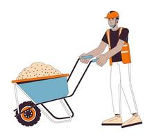 Construction worker transporting concrete on wheelbarrow cartoon flat illustration. Hardhat contractor pushing cart 2D lineart character isolated on white background. Building scene vector color image