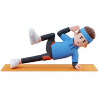 energisk 3d sportig manlig karaktär spikar de magmuskler sida planka knastrande träna på de Gym png